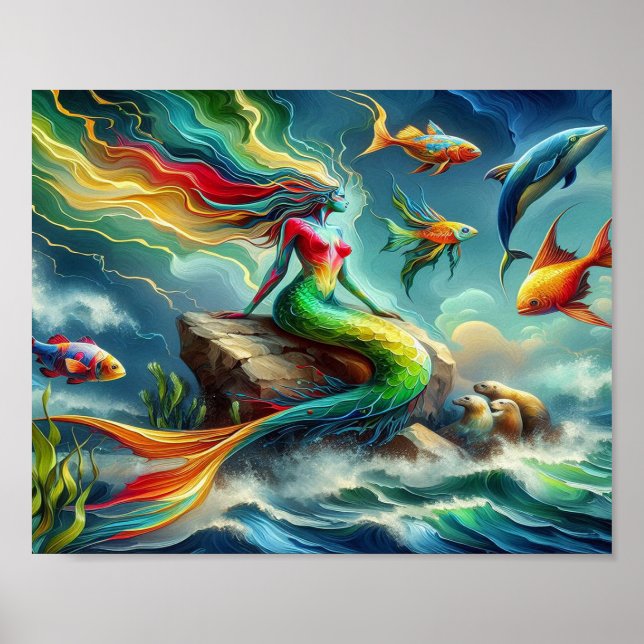 Mermaid Sits on Rock Surrounded by Whimsical 8x10 Poster (Front)