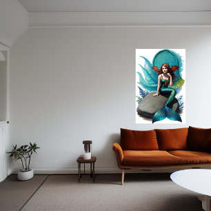 Mermaid sitting on a rock AI Art Poster