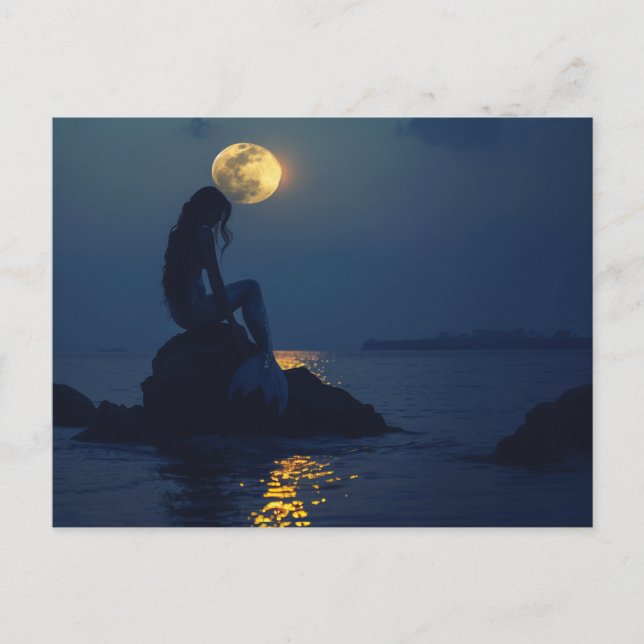 Mermaid sitting on a rock at night postcard