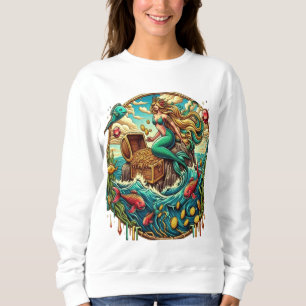 Mermaid sitting on a rock with a open treasured sweatshirt