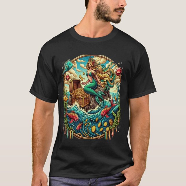 Mermaid sitting on a rock with a open treasured  T-Shirt (Front)