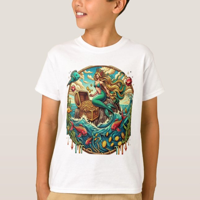 Mermaid sitting on a rock with a open treasured  T-Shirt (Front)