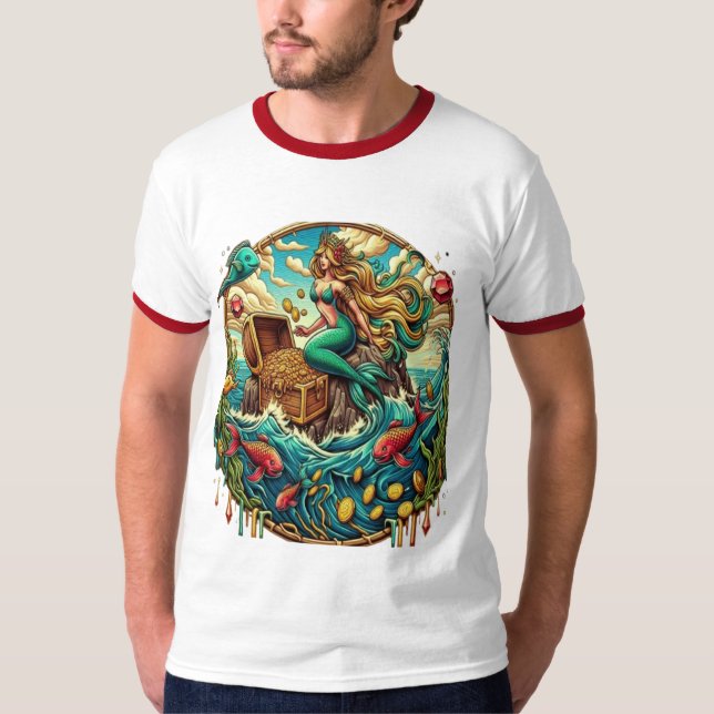 Mermaid sitting on a rock with a open treasured  T-Shirt (Front)