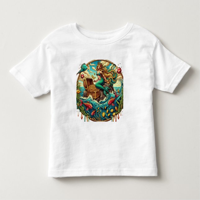 Mermaid sitting on a rock with a open treasured  toddler T-Shirt (Front)