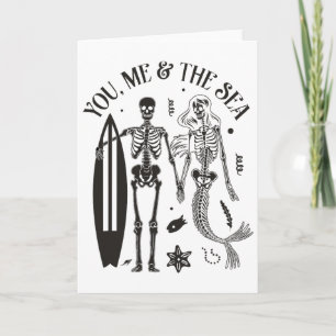 Mermaid Skeleton Couple Surfing Vintage Island Bea Card