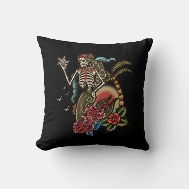 Mermaid Skeleton Traditional Tattoo Old School Hal Cushion (Front)