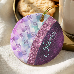 Mermaid skin pink silver faux glitter monogram ceramic tree decoration