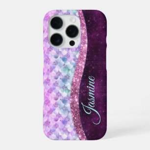 Mermaid skin pink silver faux glitter monogram iPhone 16 pro case