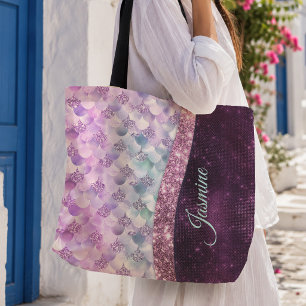 Mermaid skin pink silver faux glitter monogram tote bag