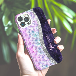 Mermaid skin purple silver faux glitter monogram iPhone 16 pro case