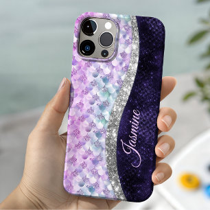 Mermaid skin purple silver faux glitter monogram iPhone 13 case