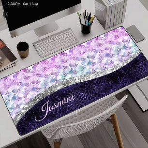 Mermaid skin purple silver faux glitter monogram desk mat