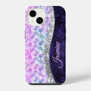 Mermaid skin purple silver faux glitter monogram iPhone 14 case