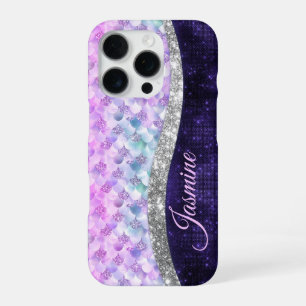 Mermaid skin purple silver faux glitter monogram iPhone 16 pro case