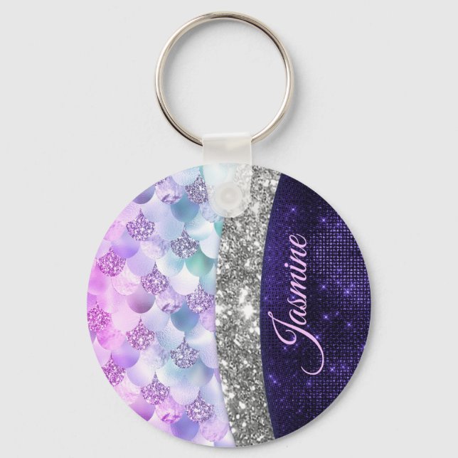 Mermaid skin purple silver faux glitter monogram key ring (Front)