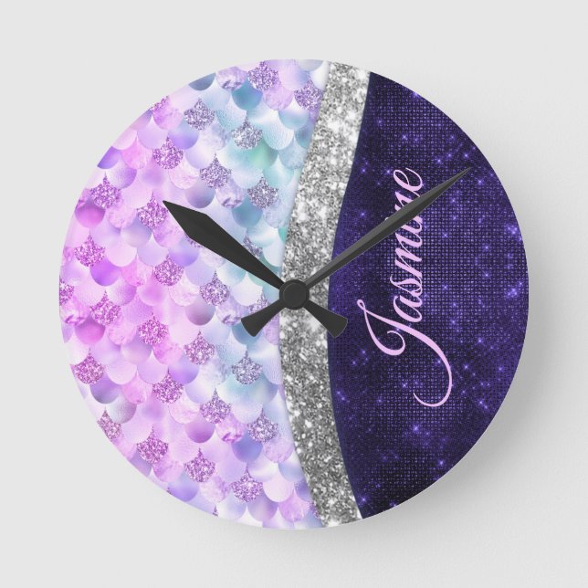 Mermaid skin purple silver faux glitter monogram round clock (Front)