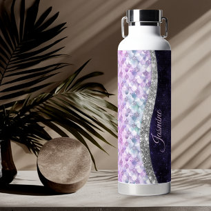 Mermaid skin purple silver faux glitter monogram water bottle