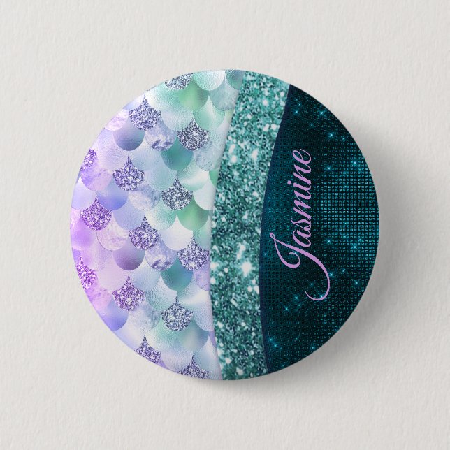 Mermaid skin teal silver faux glitter monogram 6 cm round badge (Front)