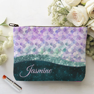 Mermaid skin teal silver faux glitter monogram accessory pouch