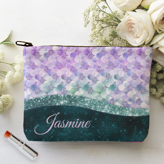 Mermaid skin teal silver faux glitter monogram accessory pouch (Creator Uploaded)
