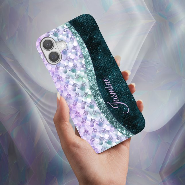 Mermaid skin teal silver faux glitter monogram Case-Mate iPhone case (Creator Uploaded)
