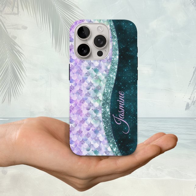 Mermaid skin teal silver faux glitter monogram Case-Mate iPhone case (Creator Uploaded)