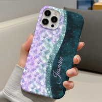 Mermaid skin teal silver faux glitter monogram