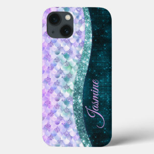 Mermaid skin teal silver faux glitter monogram iPhone 13 case