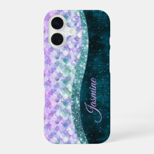 Mermaid skin teal silver faux glitter monogram iPhone 16 case