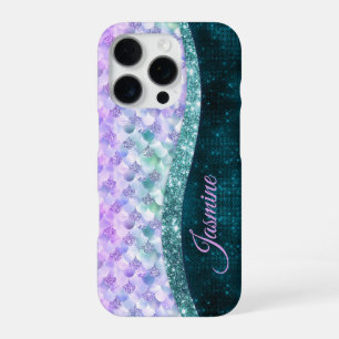 Mermaid skin teal silver faux glitter monogram iPhone 16 pro case