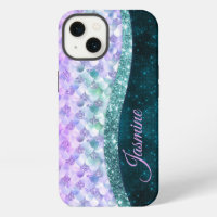 Mermaid skin teal silver faux glitter monogram