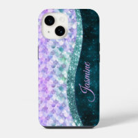Mermaid skin teal silver faux glitter monogram
