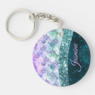 Mermaid skin teal silver faux glitter monogram key ring