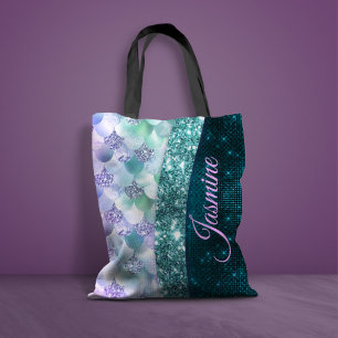 Mermaid skin teal silver faux glitter monogram tote bag