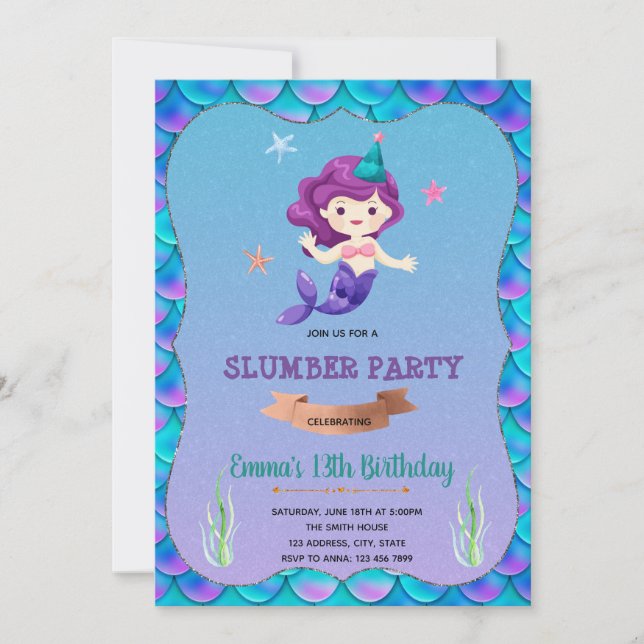 Mermaid sleepover birthday invitation (Front)