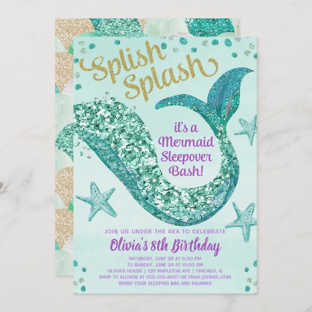 Mermaid sleepover birthday party invitation (Front/Back)