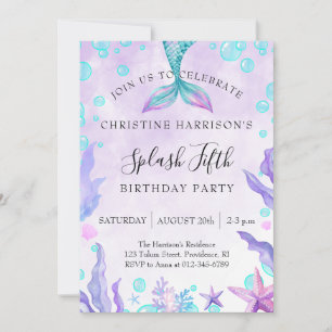 Mermaid Splash 5th Birthday Invitation