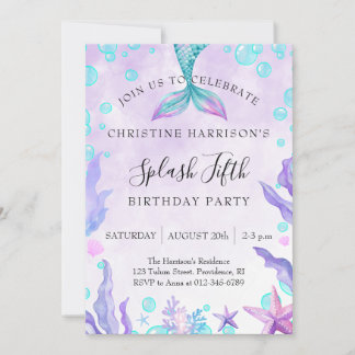 Mermaid Splash 5th Birthday Invitation