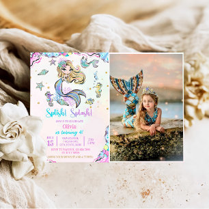 Mermaid Splish Splash 4th Birthday Party Photo Invitation