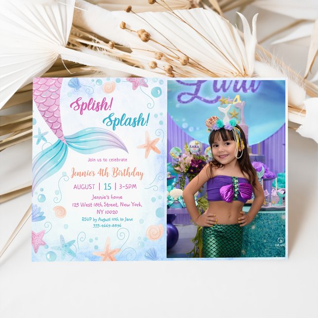 Mermaid Splish Splash 4th Birthday Party Photo Invitation (Creator Uploaded)