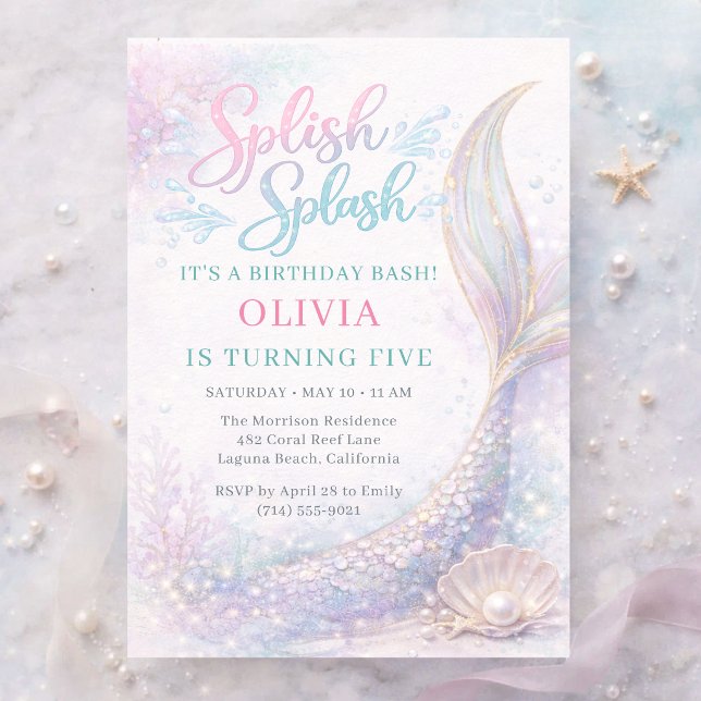 Mermaid Splish Splash 5th Birthday Bash Party Invitation (Creator Uploaded)