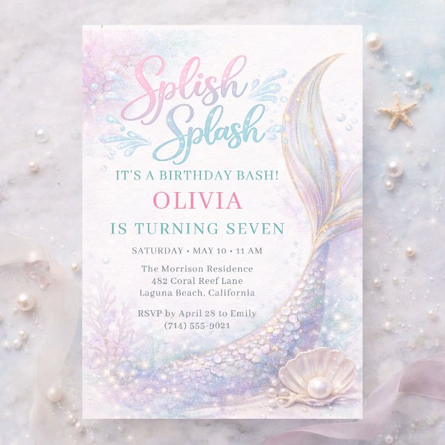 Mermaid Splish Splash 7th Birthday Bash Party Invitation (Creator Uploaded)