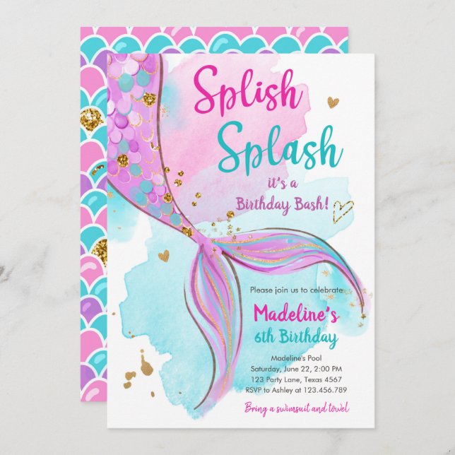 Mermaid Splish Splash Birthday Bash Girl Gold Invi Invitation (Front/Back)