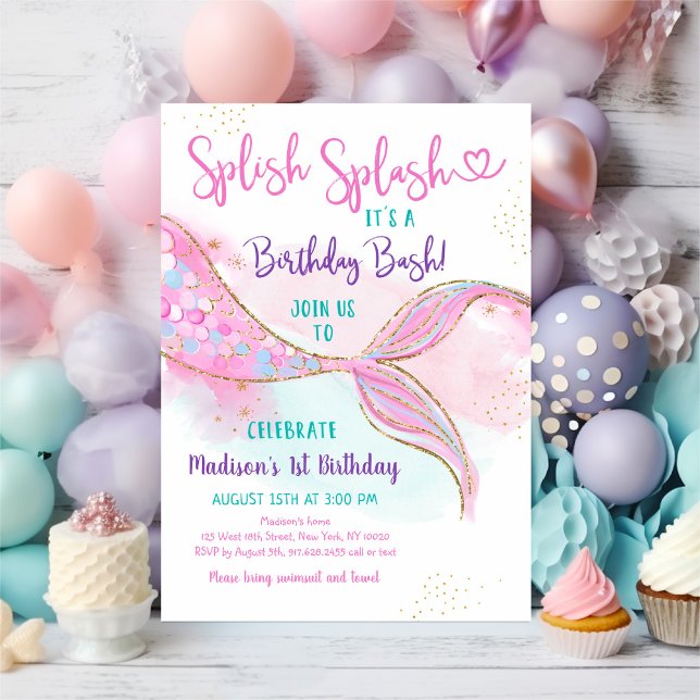 Mermaid Splish Splash Pink Gold Birthday Invitation (Creator Uploaded)