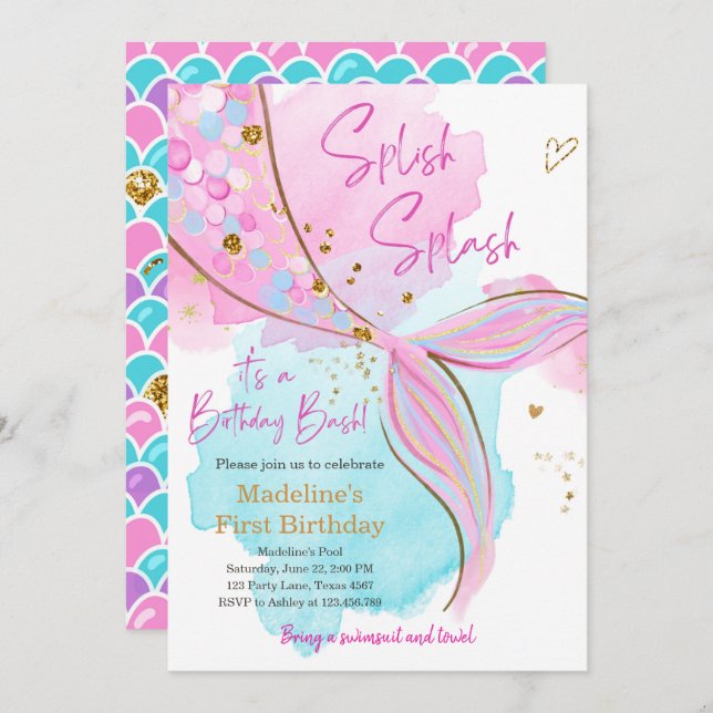 Mermaid Splish Splash Pool Party Girl Birthday Inv Invitation (Front/Back)