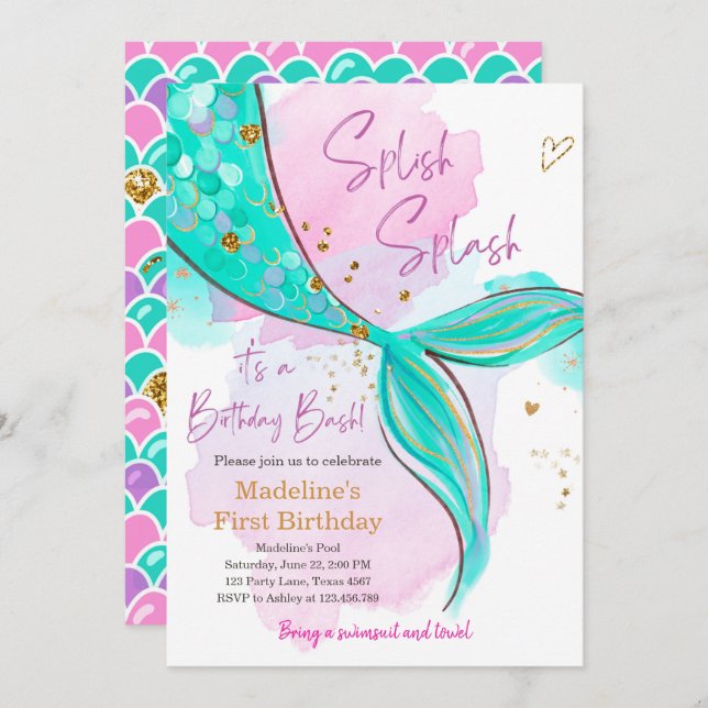 Mermaid Splish Splash Pool Party Girl Birthday Inv Invitation (Front/Back)
