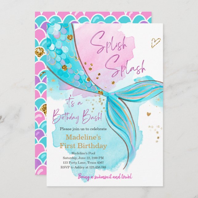 Mermaid Splish Splash Pool Party Girl Birthday Invitation (Front/Back)
