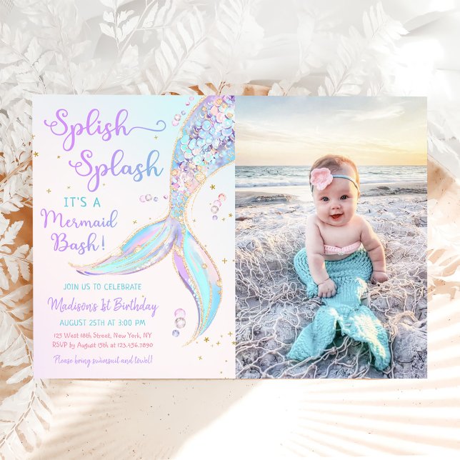Mermaid Summer Pool 1st Birthday Party Photo Invitation (Creator Uploaded)