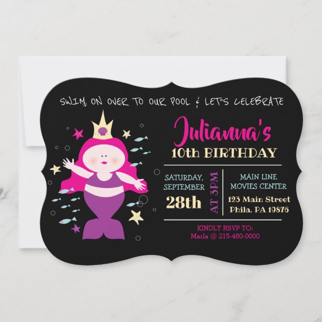 Mermaid Swim Pool Purple Sea Life Birthday Party Invitation (Front)