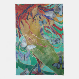 Mermaid Swimming with Butterflies Fantasy Art Tea Towel